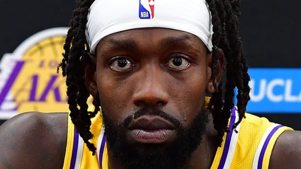 Sep 26, 2022; El Segundo, CA, USA; Los Angeles Lakers guard Patrick Beverly (21) speaks during Lakers Media Day at UCLA Health Training Center